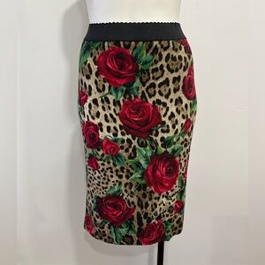Dolce & Gabbana Red Rose Leopard Print Crepe Midi Pencil Skirt- L